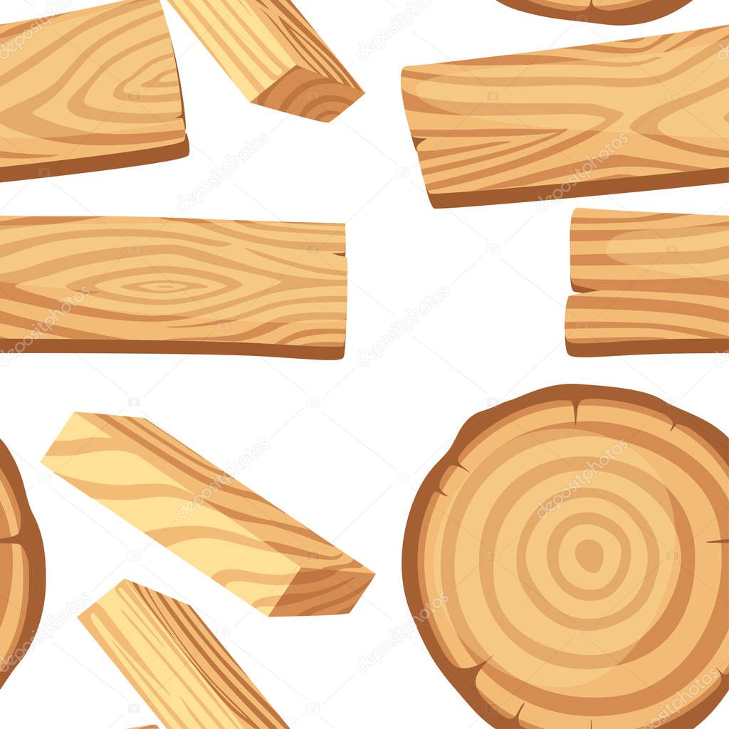 Seamless pattern with wood logs for lumber industry with trunks stump and planks flat vector illustration on white background
