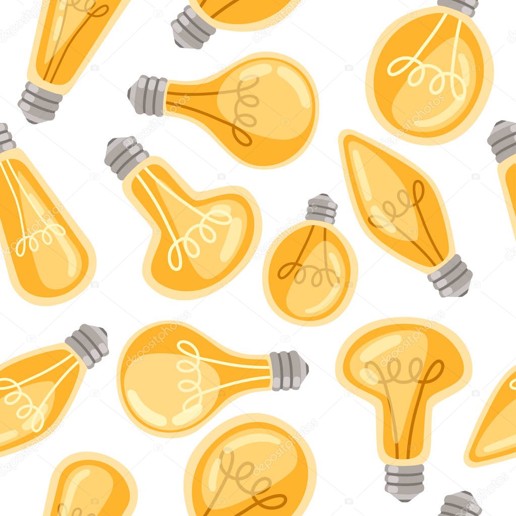 Seamless pattern of flat cartoon incandescent lamps yellow retro light bulbs vector illustration on white background