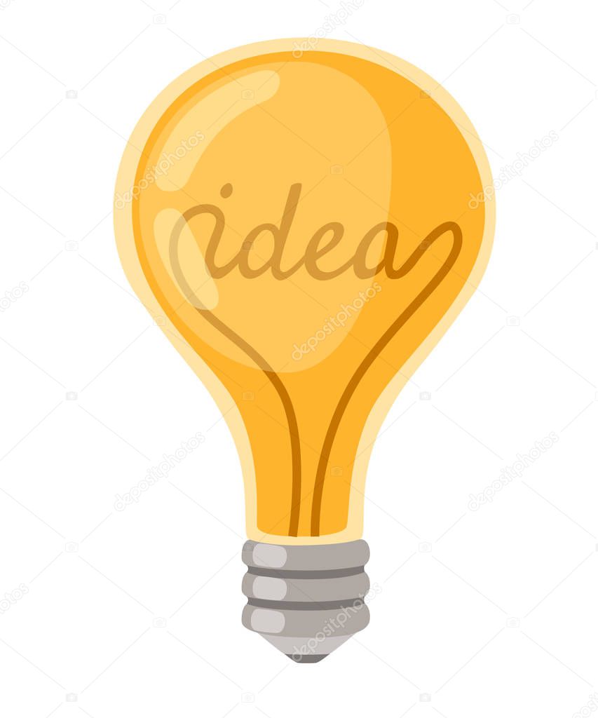 Flat cartoon incandescent lamp yellow retro light bulb with IDEA concept vector illustration isolated on white background