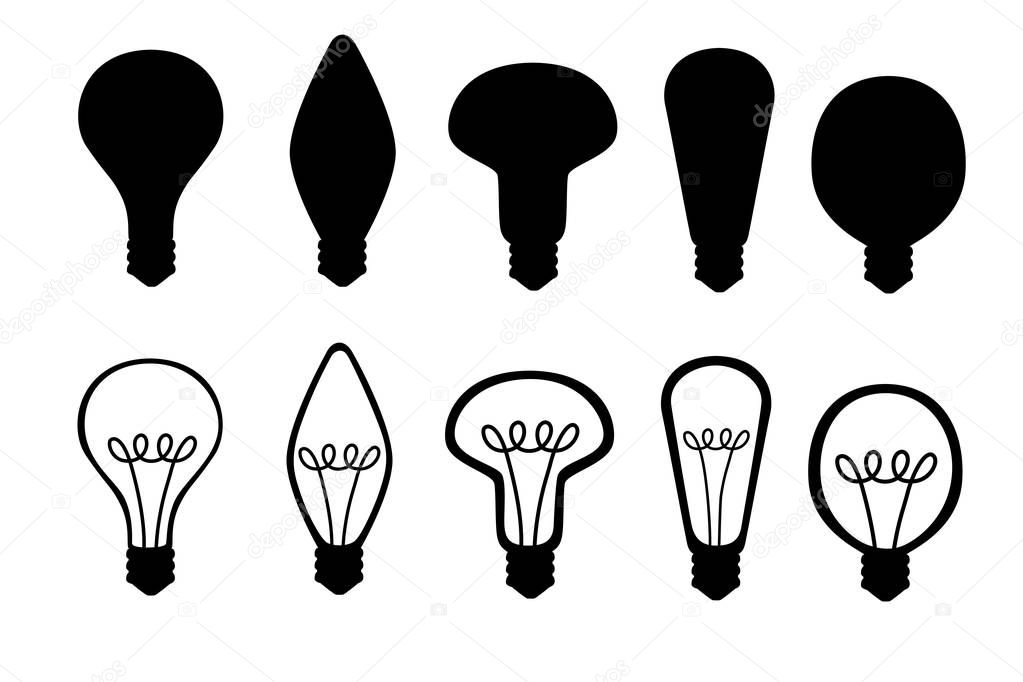 Black silhouette set of flat cartoon incandescent lamps yellow retro light bulbs vector illustration isolated on white background