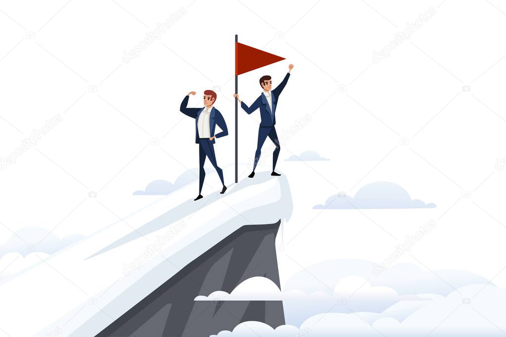 Businessman climbed to the top of the mountain team work concept red flag on snowy mountain peak with clouds landscape flat vector illustration