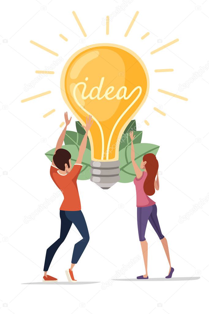 Man and women and Incandescent lamp yellow retro light bulb with IDEA concept vector illustration on white background cartoon character design vertical banner