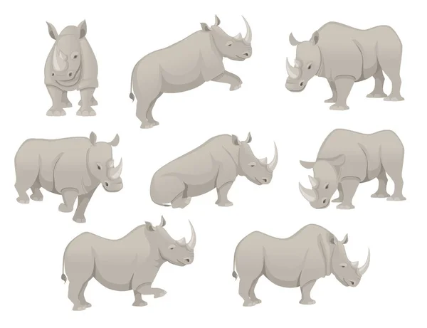 Conjunto de rinocerontes africanos em diferentes poses desenhos animados desenho animal ilustração vetorial plana isolado no fundo branco —  Vetores de Stock