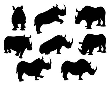 Siyah siluet Afrikalı gergedanlar beyaz arka planda izole edilmiş karikatür hayvan tasarımı düz vektör çizimi yapar.