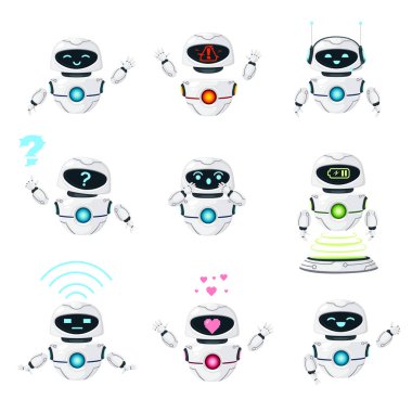 Beyaz arka planda izole edilmiş, farklı görevler yerine getiren, beyaz, modern, şirin robotlar.