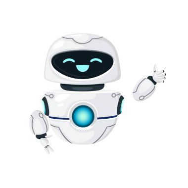 Sevimli, beyaz, modern, havada duran, el sallayan robot ve beyaz arka planda izole edilmiş, gülen yüz düz vektör çizimi.