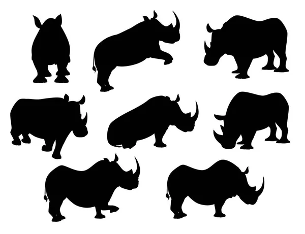 Silhouette noire rhinocéros africain dans différentes poses dessin animé dessin animal plat vecteur illustration isolé sur fond blanc — Image vectorielle
