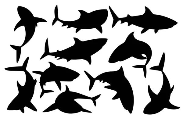 異なるポーズで閉じ口を持つサメの黒いシルエットのセット口を閉じてサメ巨大な頂点捕食動物の漫画のデザインフラットベクトルイラスト白の背景に隔離されたサメ — ストックベクタ