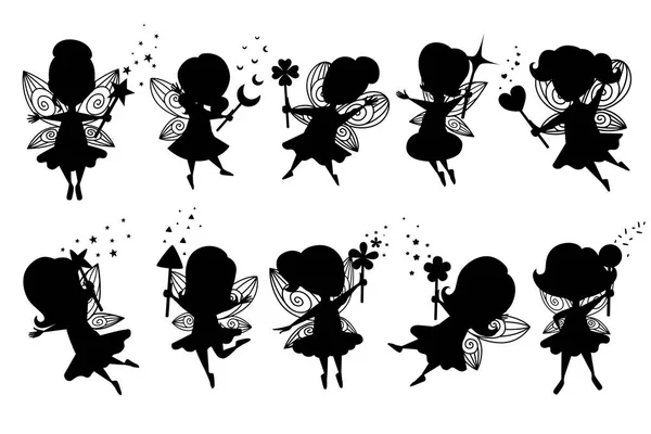 Ensemble de silhouette noire de papillon volant fée avec baguette magique de forme différente et portant des vêtements dessin animé personnage design plat vecteur illustration — Image vectorielle