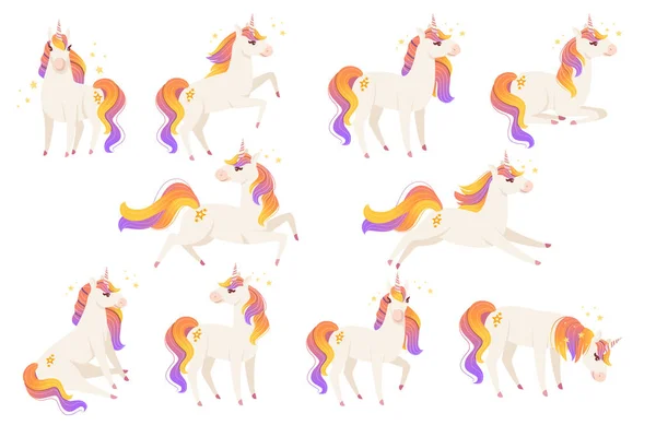 Set von magischen mythischen Tier aus Märchen Einhorn Cartoon Tier Design flache Vektor Illustration isoliert auf weißem Hintergrund — Stockvektor