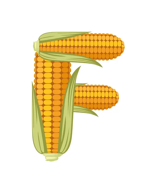 Sebze harfi F mısır biçimli karikatür sebze tasarımı düz vektör çizimi beyaz arkaplanda izole — Stok Vektör