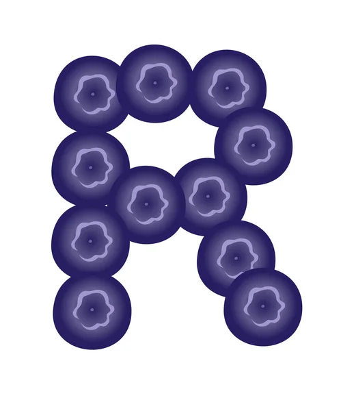 Huruf buah R blueberry gaya gambar vektor datar desain buah diisolasi pada latar belakang putih - Stok Vektor