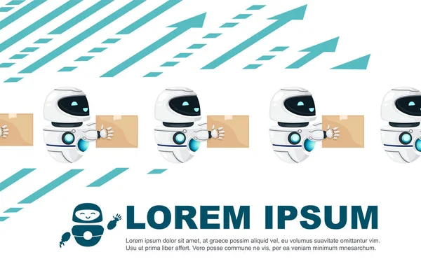 Gruppo di simpatici robot levitanti bianchi moderni con volto felice tenere la scatola di cartone illustrazione vettoriale piatta su sfondo bianco con frecce banner orizzontale — Vettoriale Stock