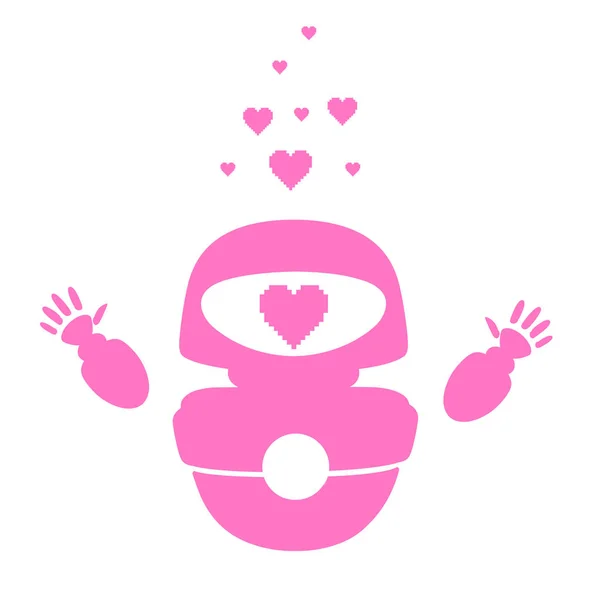 粉红轮廓可爱的现代白色悬浮机器人举起双手，用粉色的爱心面对平面矢量图解与白色背景隔离 — 图库矢量图片