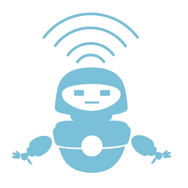 Silueta azul lindo blanco moderno robot levitante con el módulo wi-fi ilustración vector plano aislado sobre fondo blanco — Archivo Imágenes Vectoriales