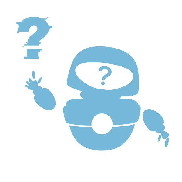 Silueta azul lindo blanco moderno robot levitante agitando la mano y con signo de interrogación cara plana vector ilustración aislada sobre fondo blanco — Archivo Imágenes Vectoriales