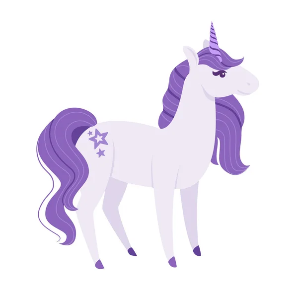 Mágico animal mítico de cuento de hadas púrpura unicornio dibujos animados animal diseño plano vector ilustración aislado sobre fondo blanco — Vector de stock
