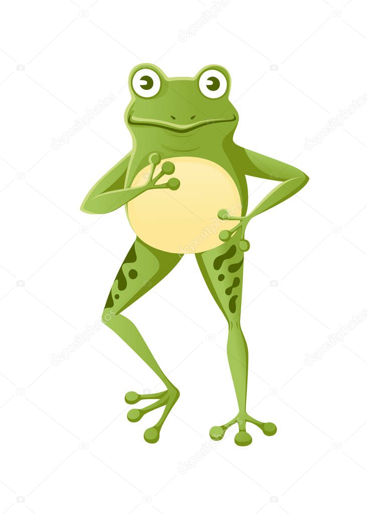 Cute smiling green frog standing on two legs cartoon animal design flat vector illustration isolated on white background