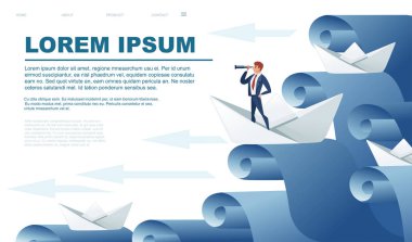 Katlanmış kağıt tekneler ve iş adamı soyut konsept düz vektör illüstrasyonunu takiben su dalgalarında dürbüne bakıyorlar.