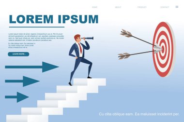 Beyaz merdivenlerdeki işadamı dürbünlü çizgi film karakteri tasarımı düz vektör illüstrasyon yatay afişi ile ok hedefine bakıyor