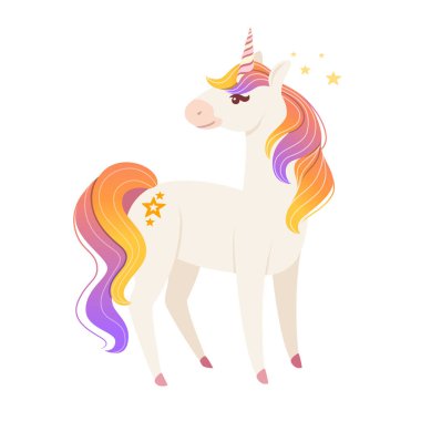 Peri masalı tek boynuzlu at çizgi filmindeki hayali hayvan tasarımı beyaz arka planda izole edilmiş yassı vektör çizimi.