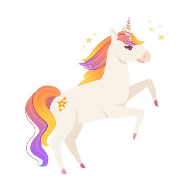 Peri masalı tek boynuzlu at çizgi filmindeki hayali hayvan tasarımı beyaz arka planda izole edilmiş yassı vektör çizimi.