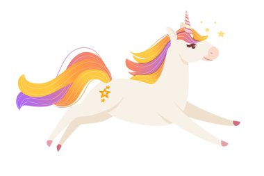 Tek boynuzlu at çizgi filminde oynayan efsanevi hayvan tasarımı beyaz arka planda izole edilmiş yassı vektör çizimi