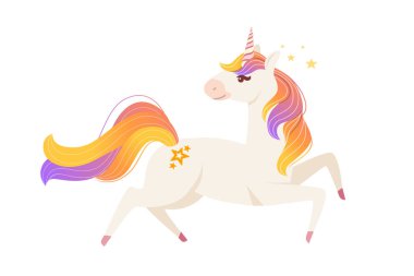 Tek boynuzlu at çizgi filminde oynayan efsanevi hayvan tasarımı beyaz arka planda izole edilmiş yassı vektör çizimi