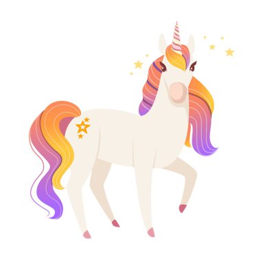 Peri masalı tek boynuzlu at çizgi filmindeki hayali hayvan tasarımı beyaz arka planda izole edilmiş yassı vektör çizimi.