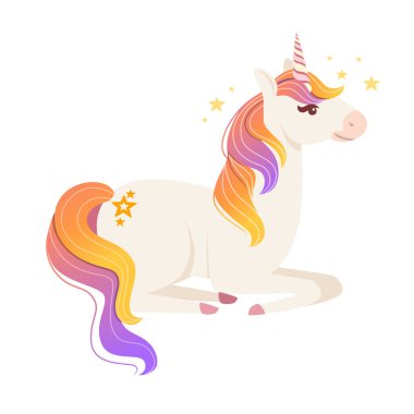 Peri masalı tek boynuzlu atının sihirli mistik hayvanı beyaz arka planda izole edilmiş, karikatür hayvan tasarımı yassı vektör çizimi üzerinde oturuyor.