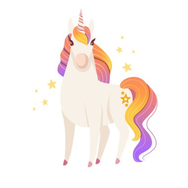 Peri masalı tek boynuzlu at çizgi filmindeki hayali hayvan tasarımı beyaz arka planda izole edilmiş yassı vektör çizimi.