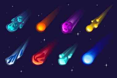 Farklı renklere sahip göktaşları ve kuyruklu yıldızlar kümesi ve yıldızlı dış uzay arkaplanındaki düz vektör çizimlerini şekillendirir.