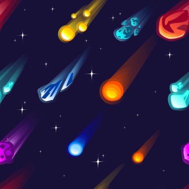 Farklı renklere sahip kusursuz meteor ve kuyruklu yıldız deseni ve yıldızlı uzay arkaplanındaki düz vektör illüstrasyonunu şekillendirir