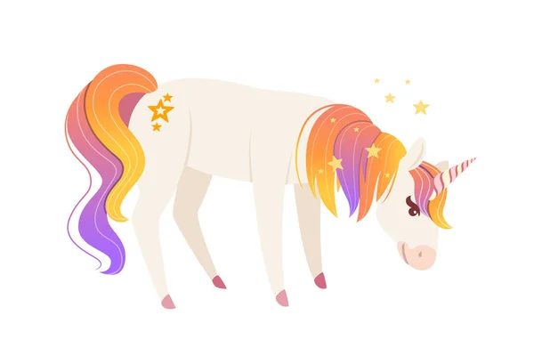 Mágico animal mítico de cuento de hadas unicornio come dibujos animados diseño animal ilustración vectorial plana aislado sobre fondo blanco — Vector de stock