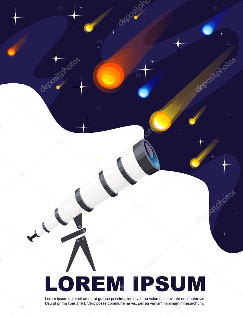 Look through the telescope view of meteors and comet with different colors and shapes flat vector illustration on outer space background with stars vertical banner design