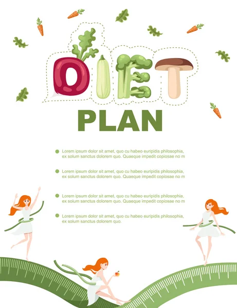 Vegano plan de dieta saludos tarjeta de diseño plana vector ilustración sobre fondo blanco dibujos animados personaje diseño mujer con cinta métrica — Archivo Imágenes Vectoriales