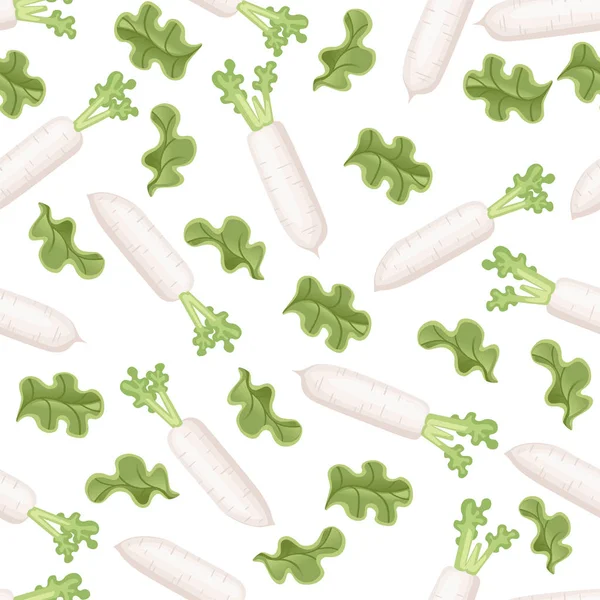 Rábano blanco Daikon con hojas verdes y lechuga patrón sin costura ilustración vector plano sobre fondo blanco — Vector de stock