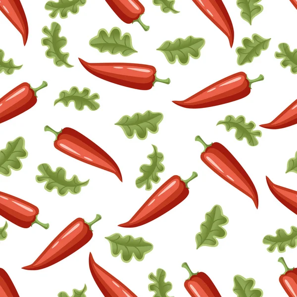 Vaina de chile natural rojo picante con hojas verdes lechuga patrón sin costura vector plano ilustración sobre fondo blanco — Vector de stock