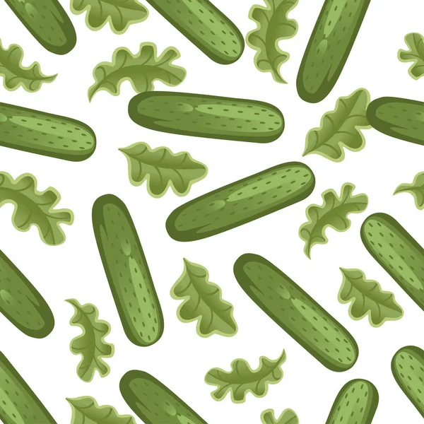 Pepino verde entero fresco con lechuga patrón sin costura ilustración vectorial plana sobre fondo blanco — Vector de stock