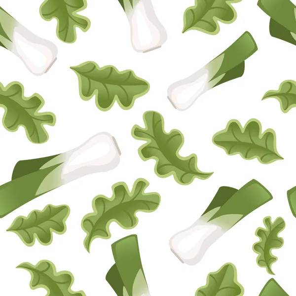 Puerro verde fresco con lechuga verde patrón sin costuras ilustración vector plano sobre fondo blanco — Archivo Imágenes Vectoriales