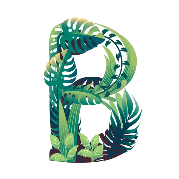 葉形の異なる緑色の葉と白い背景に孤立した平たいベクトル図の葉の文字B — ストックベクタ