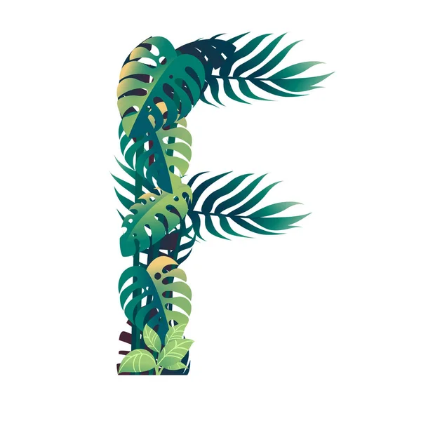 Blatt Buchstabe f mit verschiedenen Arten von grünen Blättern und Blättern flache Vektorillustration isoliert auf weißem Hintergrund — Stockvektor