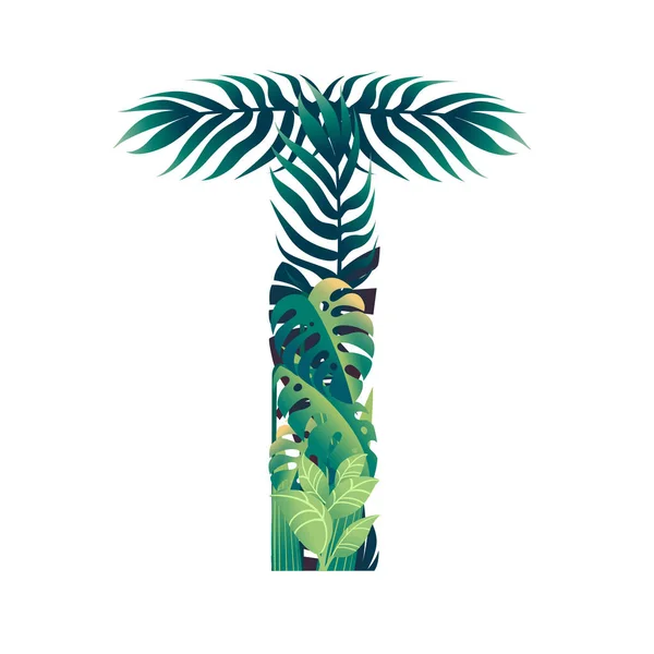 Feuille lettre T avec différents types de feuilles vertes et illustration vectorielle plate de feuillage isolé sur fond blanc — Image vectorielle