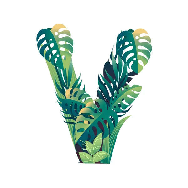 Blatt Buchstabe v mit verschiedenen Arten von grünen Blättern und Blättern flache Vektorillustration isoliert auf weißem Hintergrund — Stockvektor