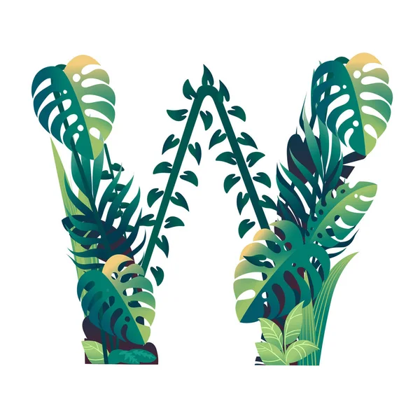 Letra de hoja W con diferentes tipos de hojas verdes y follaje ilustración vectorial plana aislada sobre fondo blanco — Vector de stock