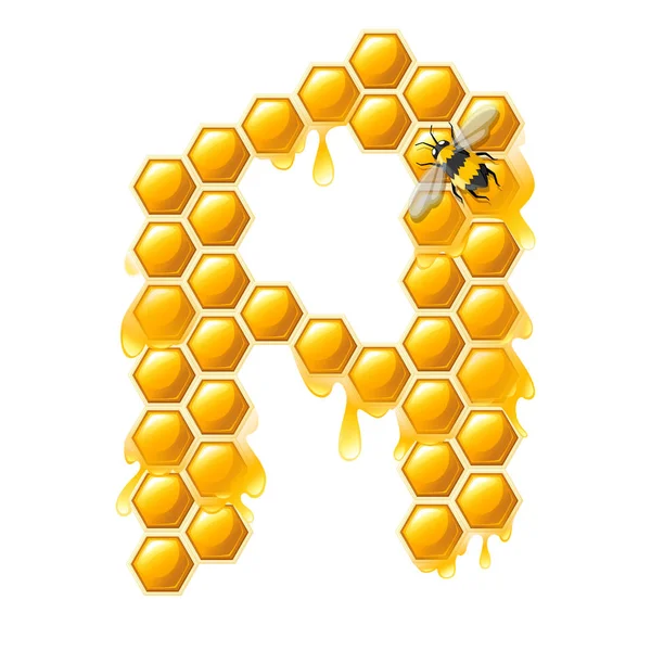 Honeycomb letter A with honey drops and bee flat vector illustration isolated on white background — Stock Vector