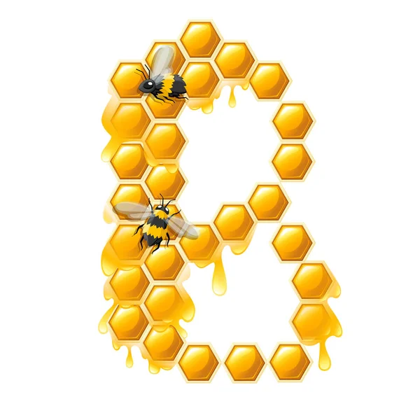 Honeycomb letter B with honey drops and bee flat vector illustration isolated on white background — Stock Vector