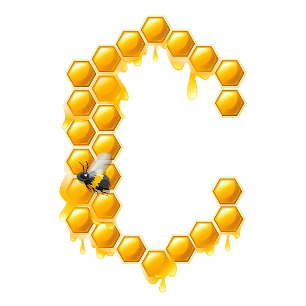 Honeycomb letter C with honey drops and bee flat vector illustration isolated on white background — Stock Vector