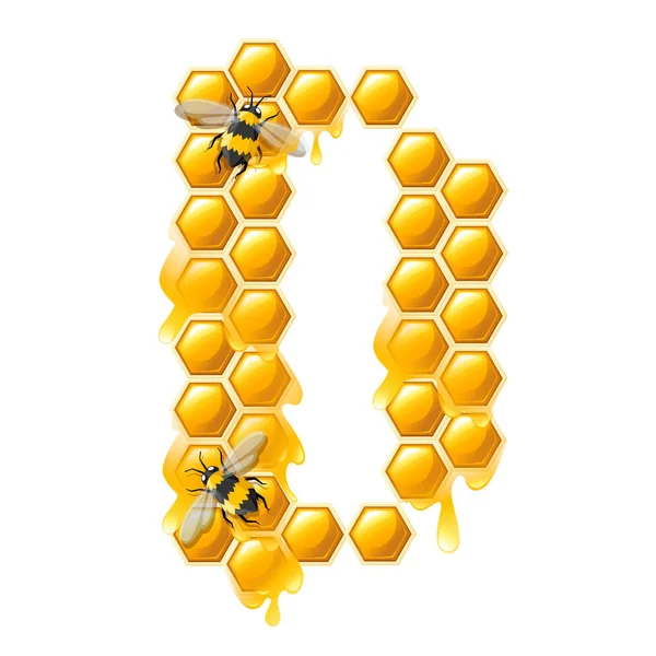 Honeycomb letter D with honey drops and bee flat vector illustration isolated on white background — Stock Vector