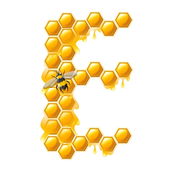 Сотовая буква Е с капельками меда и пчелиными плоскими векторными иллюстрациями на белом фоне — стоковый вектор